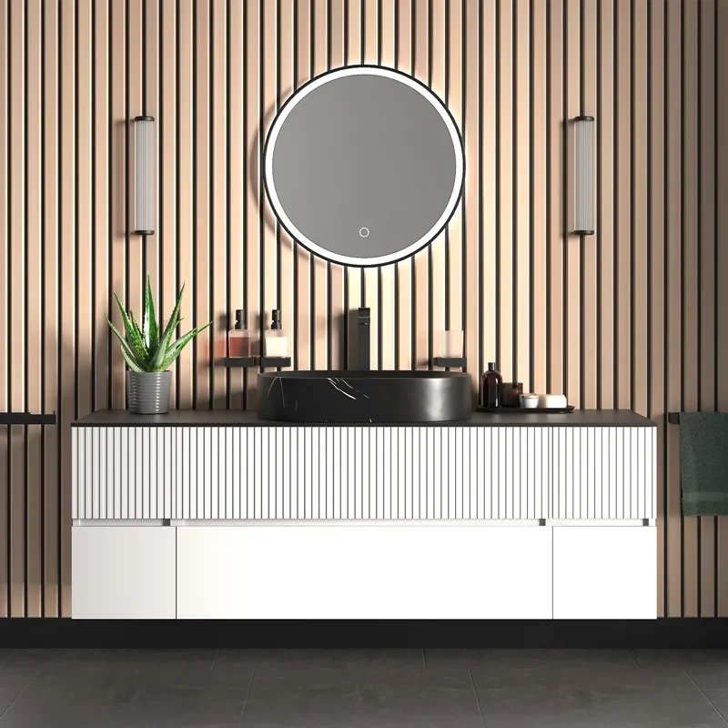 jasmine 1600 fluted white wall vanity with black basin two side units