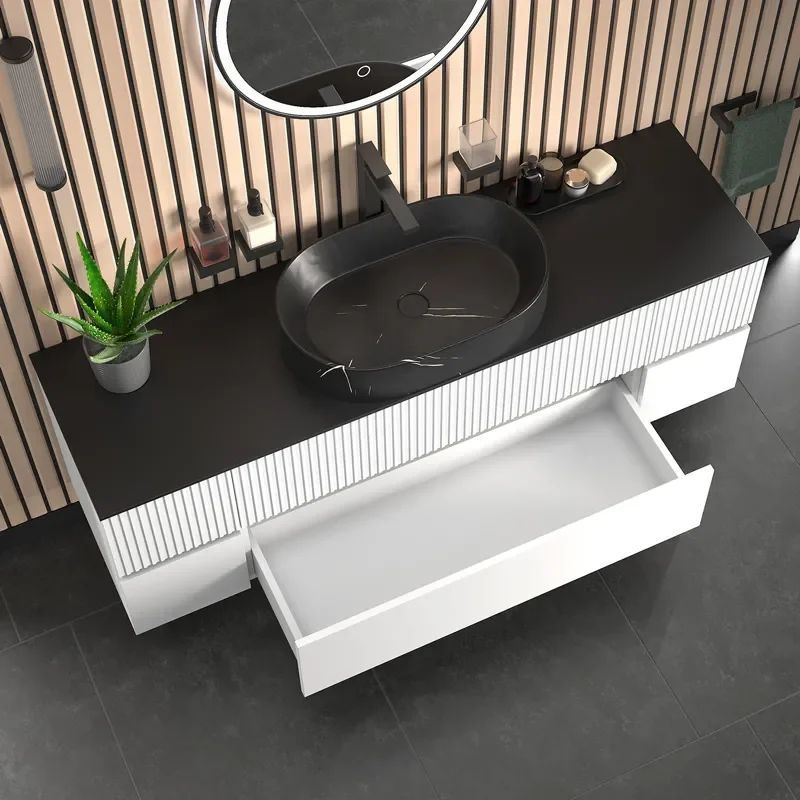 jasmine 1600 fluted white wall vanity with black basin two side units