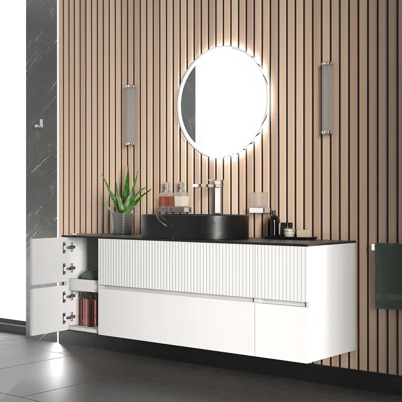 jasmine 1600 fluted white wall vanity with black basin two side units