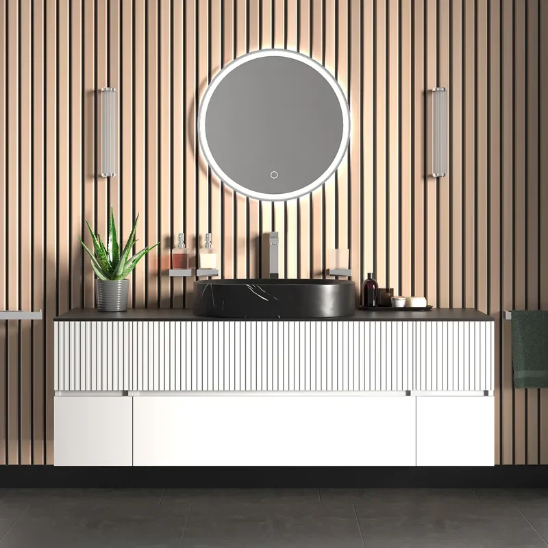 jasmine 1600 fluted white wall vanity with black basin two side units