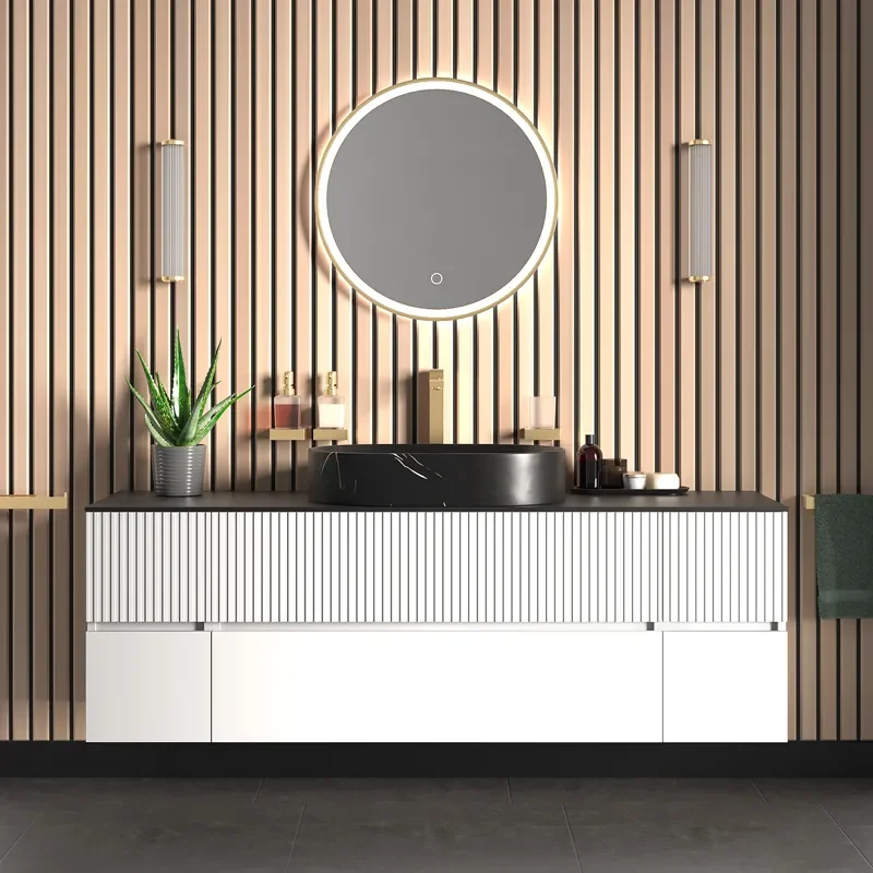 jasmine 1600 fluted white wall vanity with black basin two side units