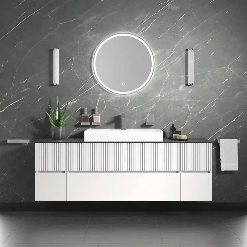 jasmine 1600 fluted white wall vanity with white sink two side units