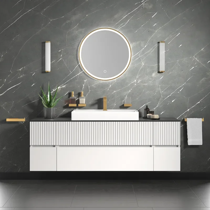 jasmine 1600 fluted white wall vanity with white sink two side units