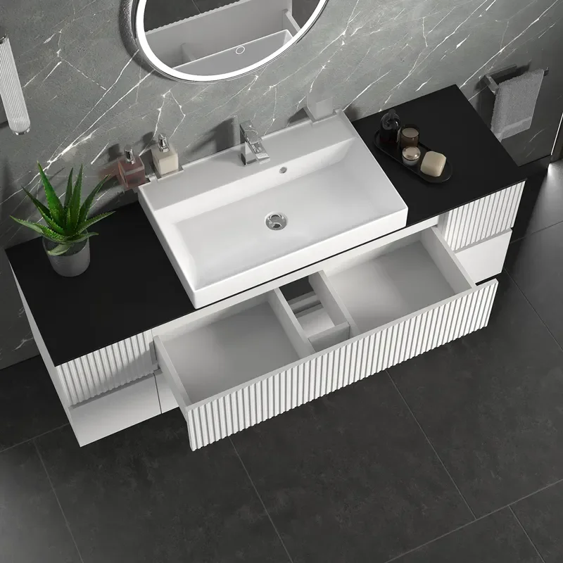 jasmine 1600 fluted white wall vanity with white sink two side units
