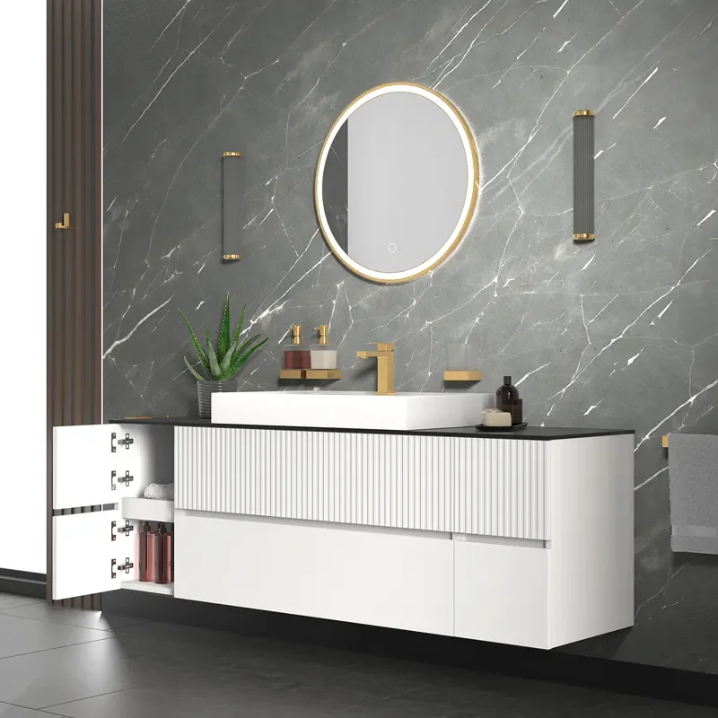 jasmine 1600 fluted white wall vanity with white sink two side units