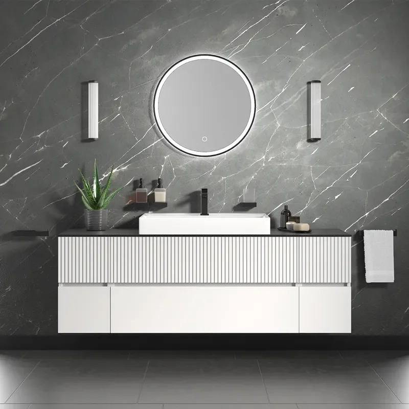 jasmine 1600 fluted white wall vanity with white sink two side units