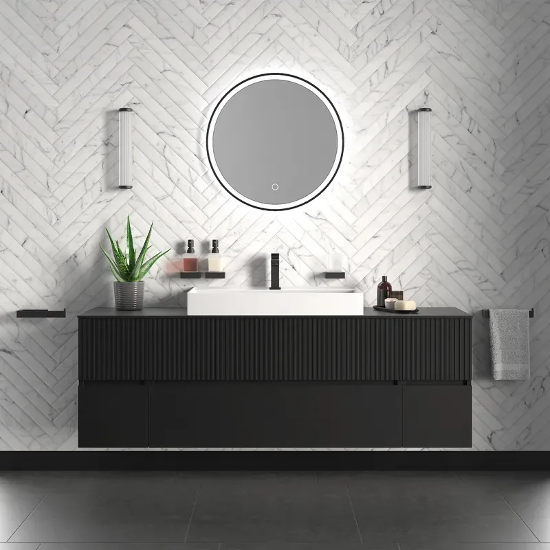 jasmine 1600 fluted black wall vanity with white basin two side units