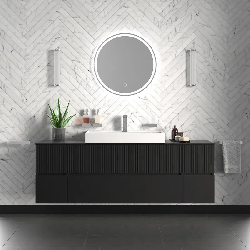 jasmine 1600 fluted black wall vanity with white basin two side units
