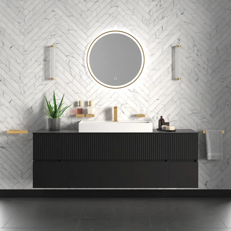 jasmine 1600 fluted black wall vanity with white basin two side units