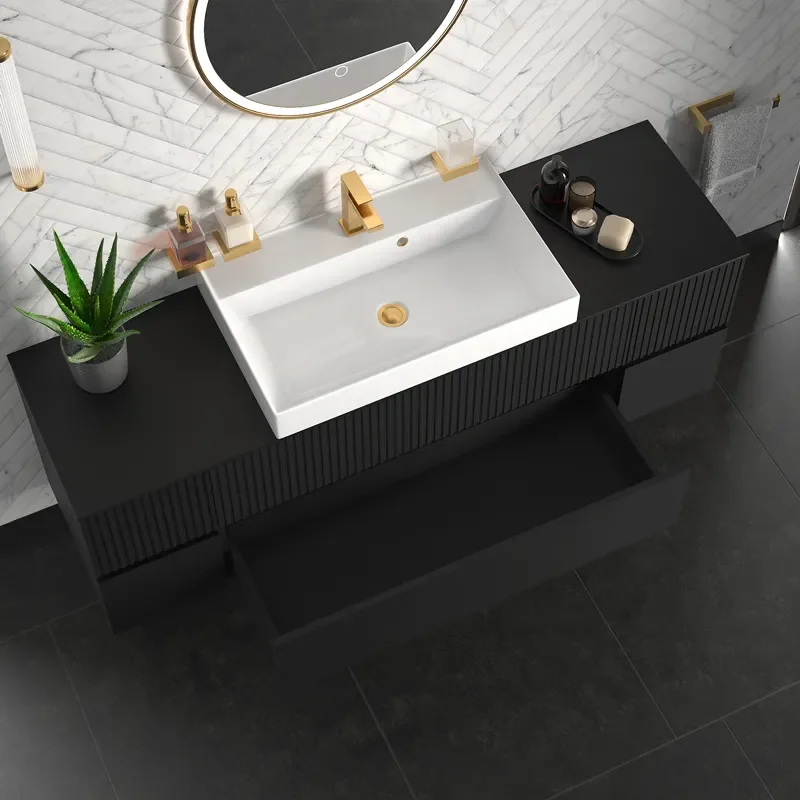 jasmine 1600 fluted black wall vanity with white basin two side units