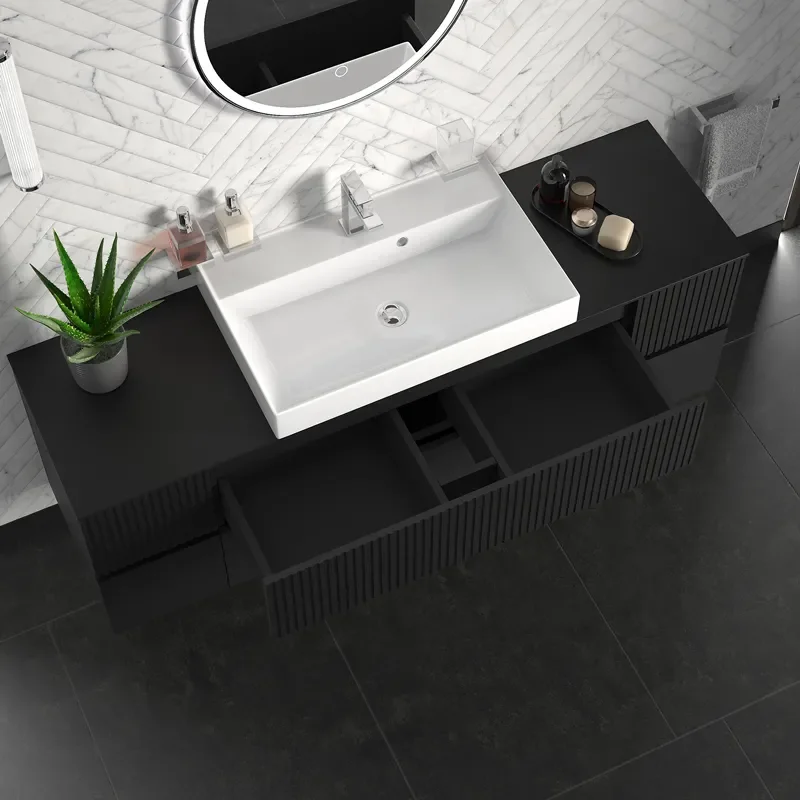 jasmine 1600 fluted black wall vanity with white basin two side units