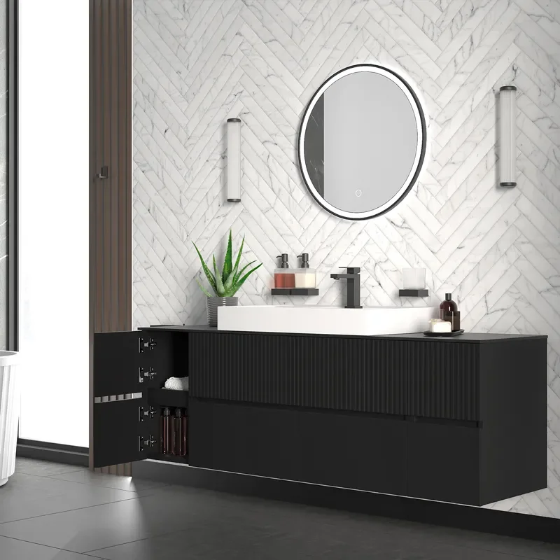 jasmine 1600 fluted black wall vanity with white basin two side units