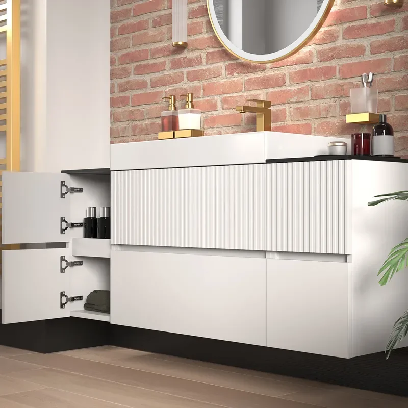jasmine 1300 fluted white wall vanity with white sink two side units