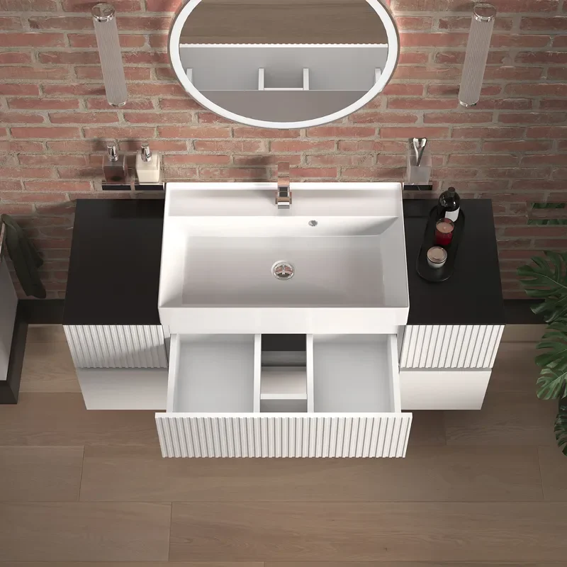 jasmine 1300 fluted white wall vanity with white sink two side units
