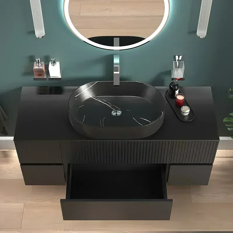 Product Image for 1300mm Black Wall Hung Countertop Vanity Unit with Black Sink & Two Side Units 