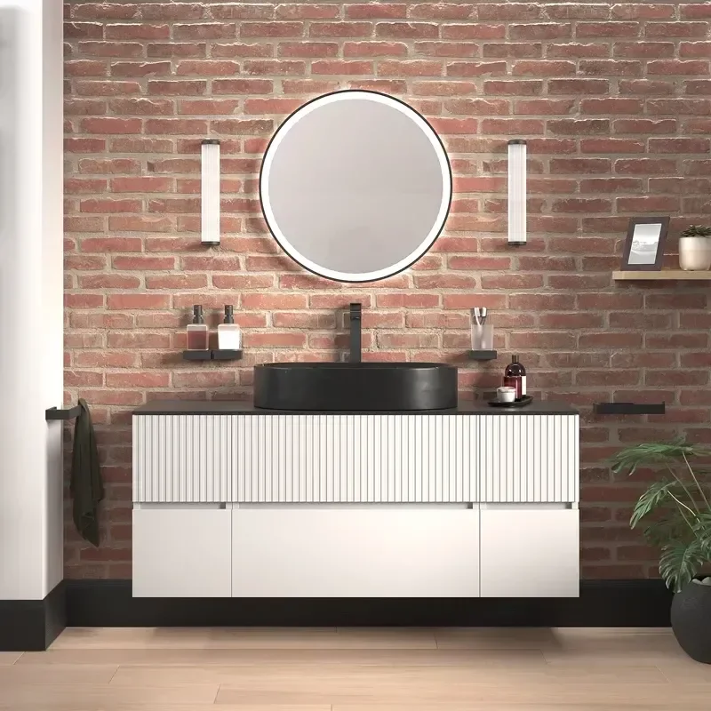 Jasmine 1300 White Fluted Wall Vanity With Black Sink Two Side Units Product Image for 1300mm White Wall Hung Vanity Unit with Black Sink & Double Side Units