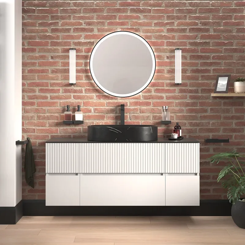 jasmine 1300 white fluted wall vanity with black sink two side units