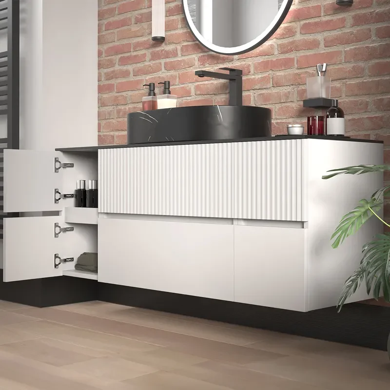jasmine 1300 white fluted wall vanity with black sink two side units