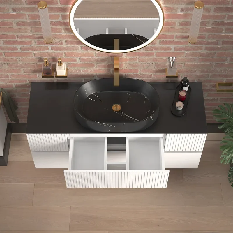 jasmine 1300 white fluted wall vanity with black sink two side units