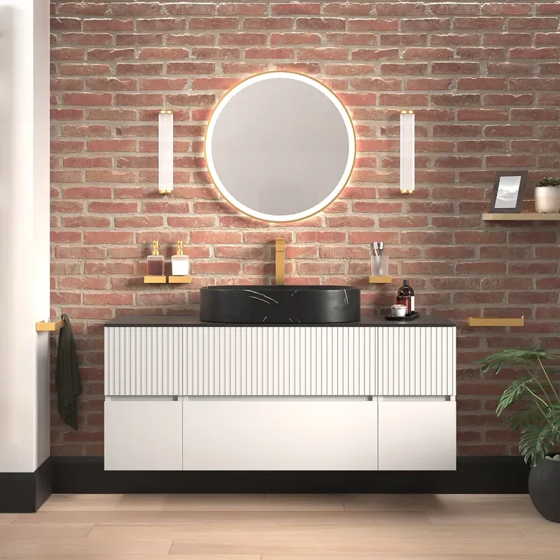 jasmine 1300 white fluted wall vanity with black sink two side units