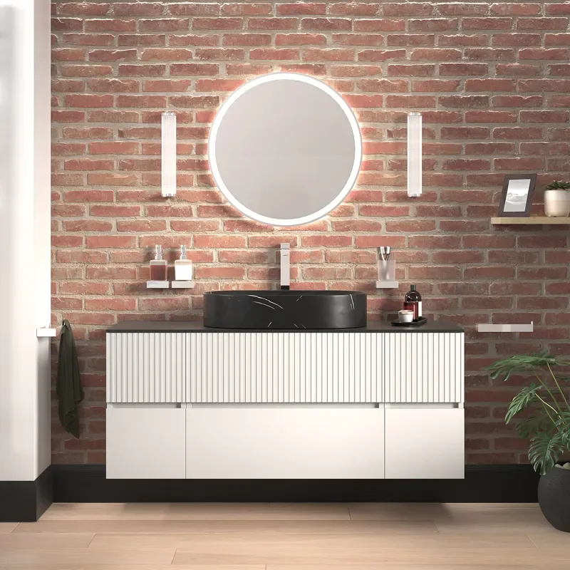 jasmine 1300 white fluted wall vanity with black sink two side units