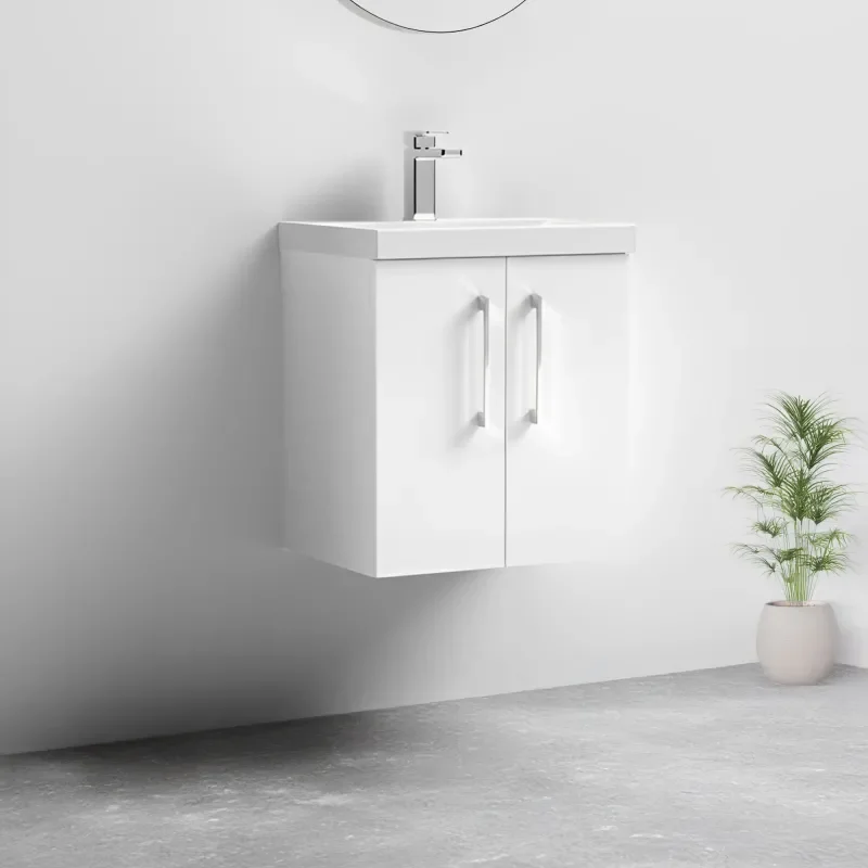 nuie arno gloss white 500 wall vanity sink unit with doors