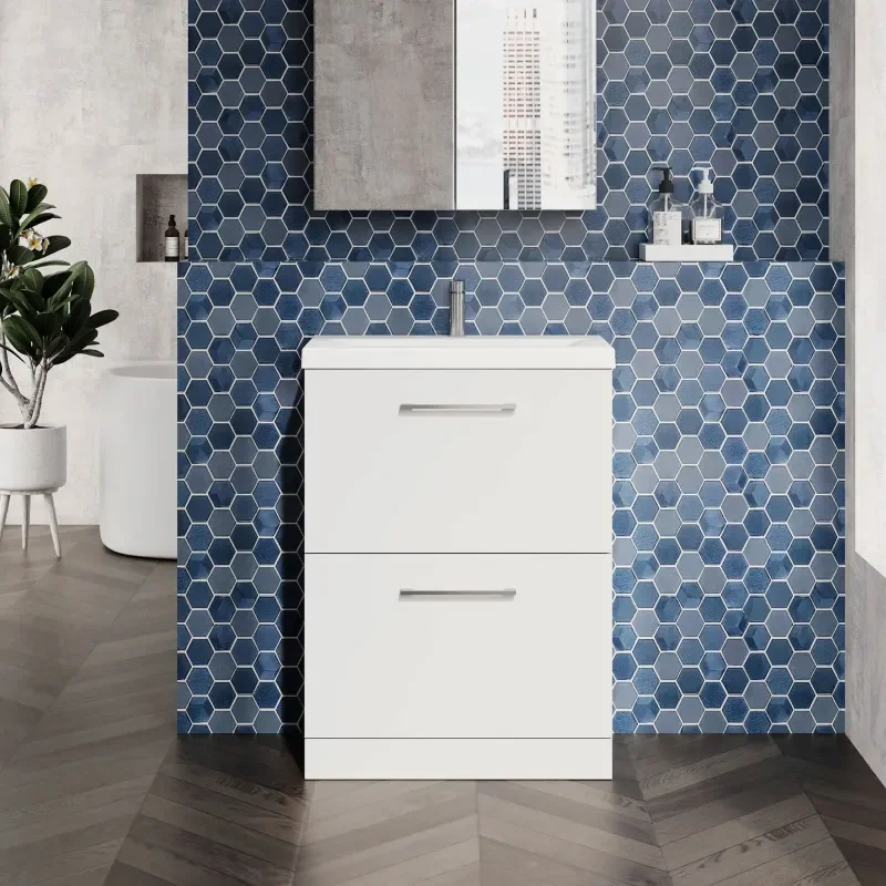 nuie arno gloss white 600 floor vanity unit with basin and drawers
