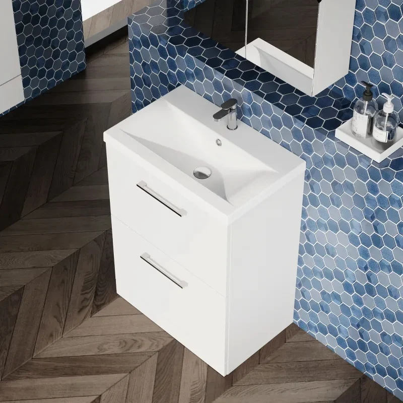 nuie arno gloss white 600 floor vanity unit with basin and drawers