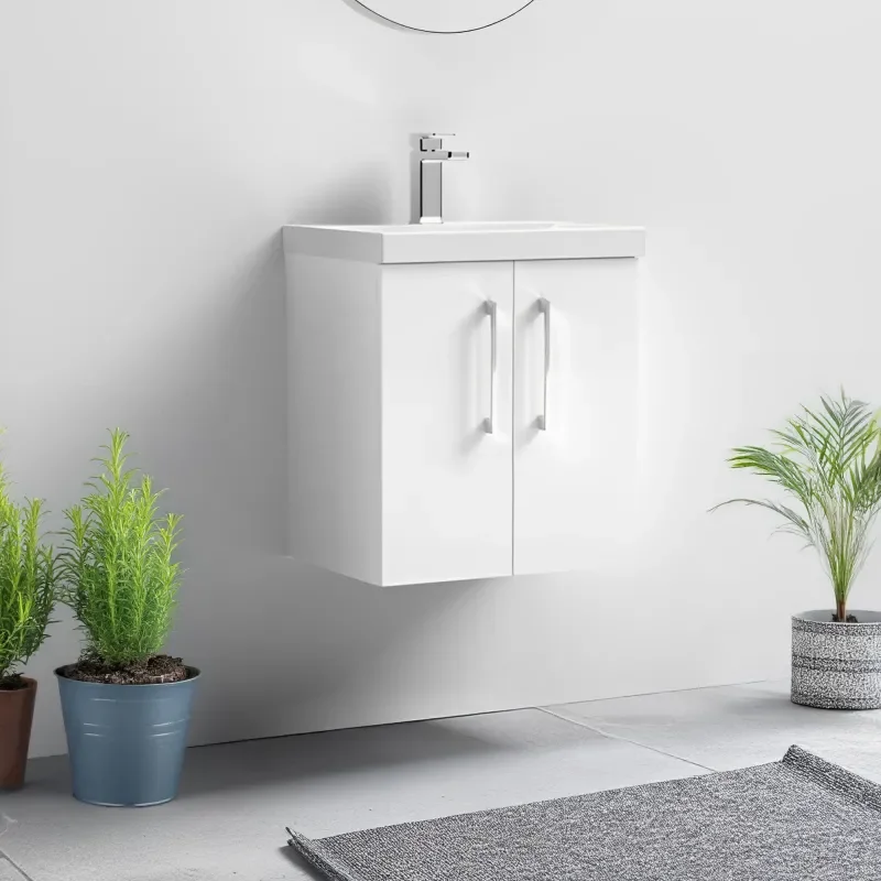 nuie arno gloss white 600 wall vanity sink unit with doors