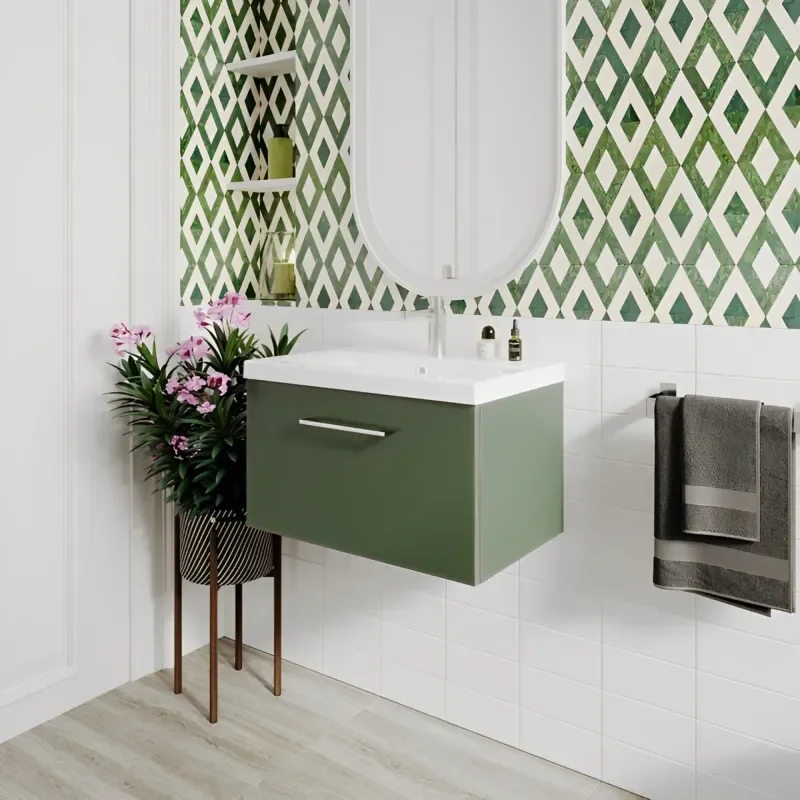 nuie arno green 600 wall vanity drawer unit with basin