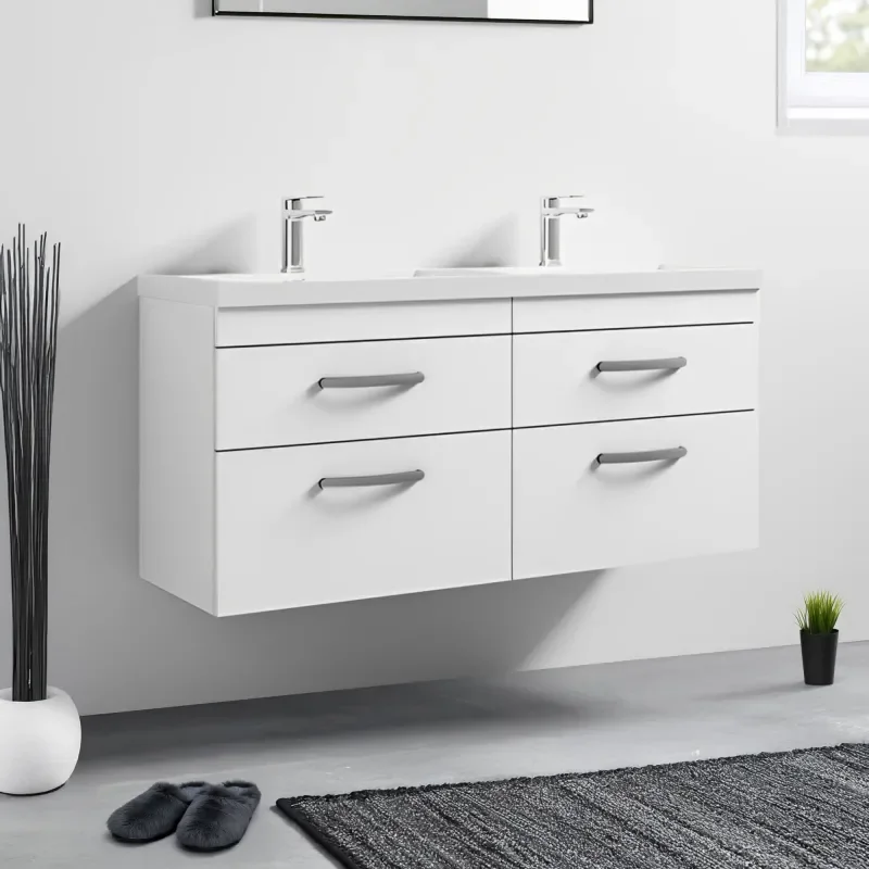 nuie athena gloss white 1200 wall hung double sink unit with four drawers