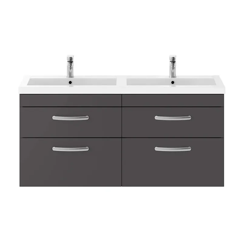 nuie athena gloss grey 1200 wall hung vanity unit with double basin and four drawers