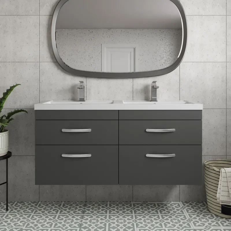 nuie athena gloss grey 1200 wall hung vanity unit with double basin and four drawers
