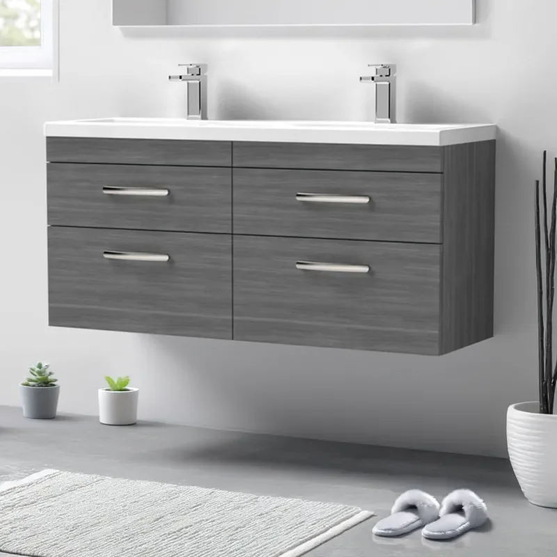 nuie athena anthracite 1200 wall hung vanity unit with double basin and four drawers