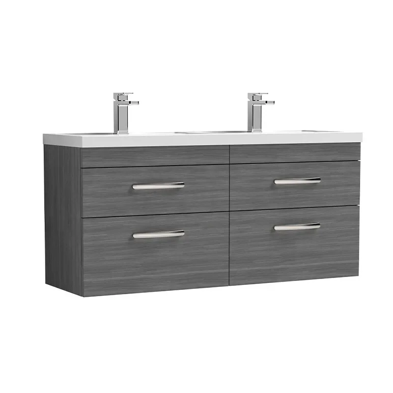nuie athena anthracite 1200 wall hung vanity unit with double basin and four drawers