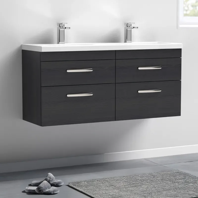 nuie athena black 1200 wall hung vanity basin unit with drawers
