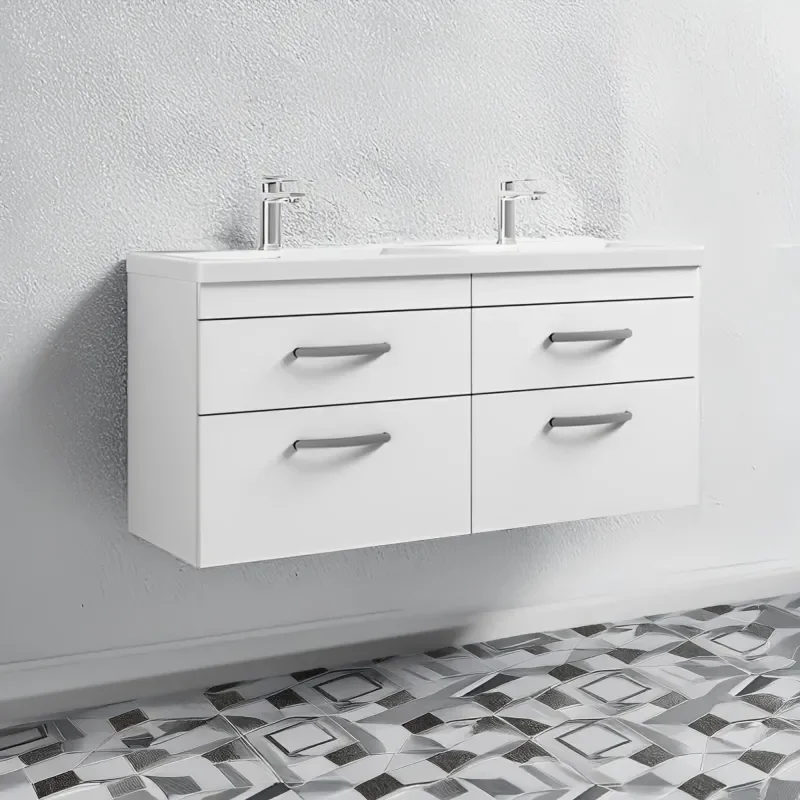 nuie athena gloss white 1200 wall hung vanity drawer unit with double basin