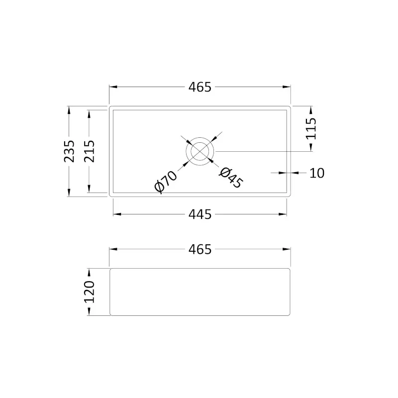 Line Drawing with dimensions for Black Rectangular Sink