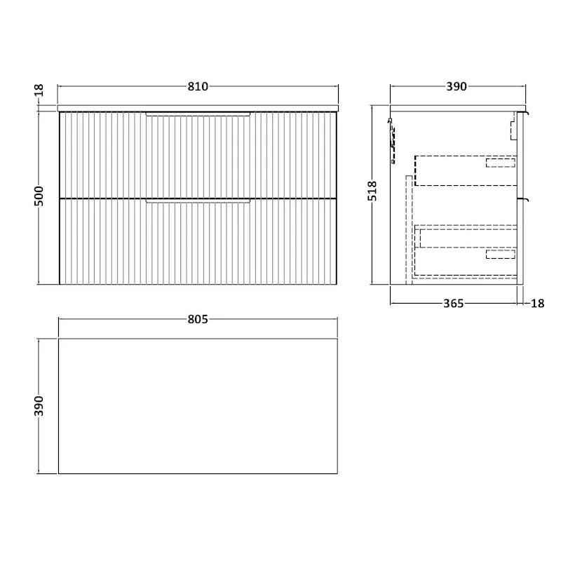 Line Drawing for 800mm Vanity Drawer Unit in Green