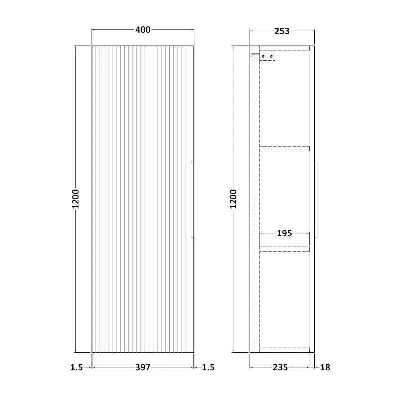 Line Drawing with Dimensions of Hudson Reed Grey Tallboy 400mm