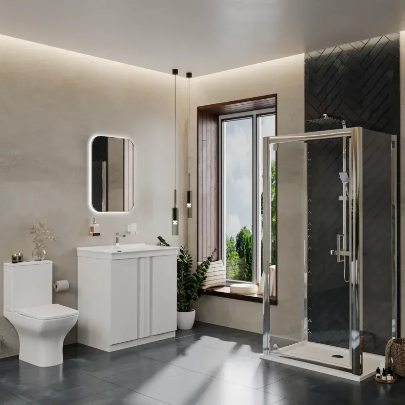 chester shower suite with 800 white floorstanding vanity and toilet