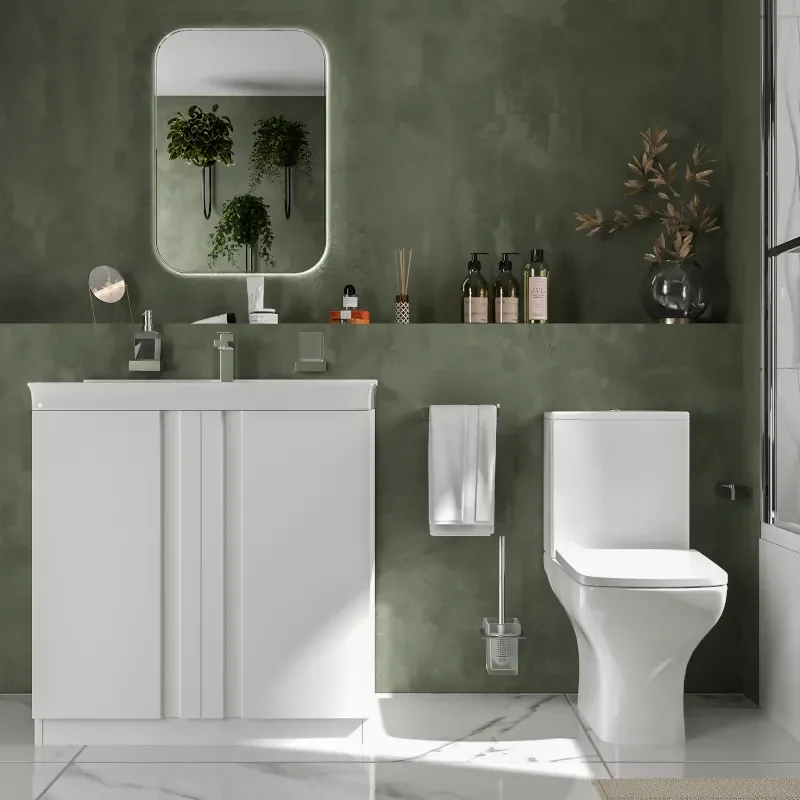 chester bath suite: 800 white floorstanding vanity unit with close coupled toilet