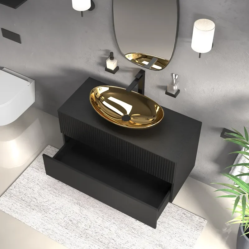 jasmine 1000 black wall vanity unit with gold sink