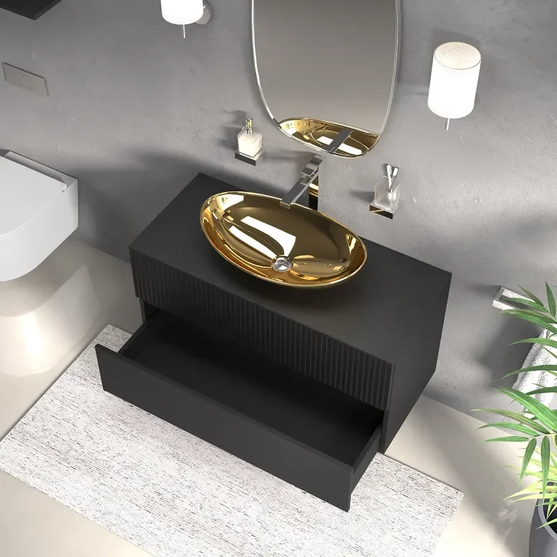 jasmine 1000 black wall vanity unit with gold sink