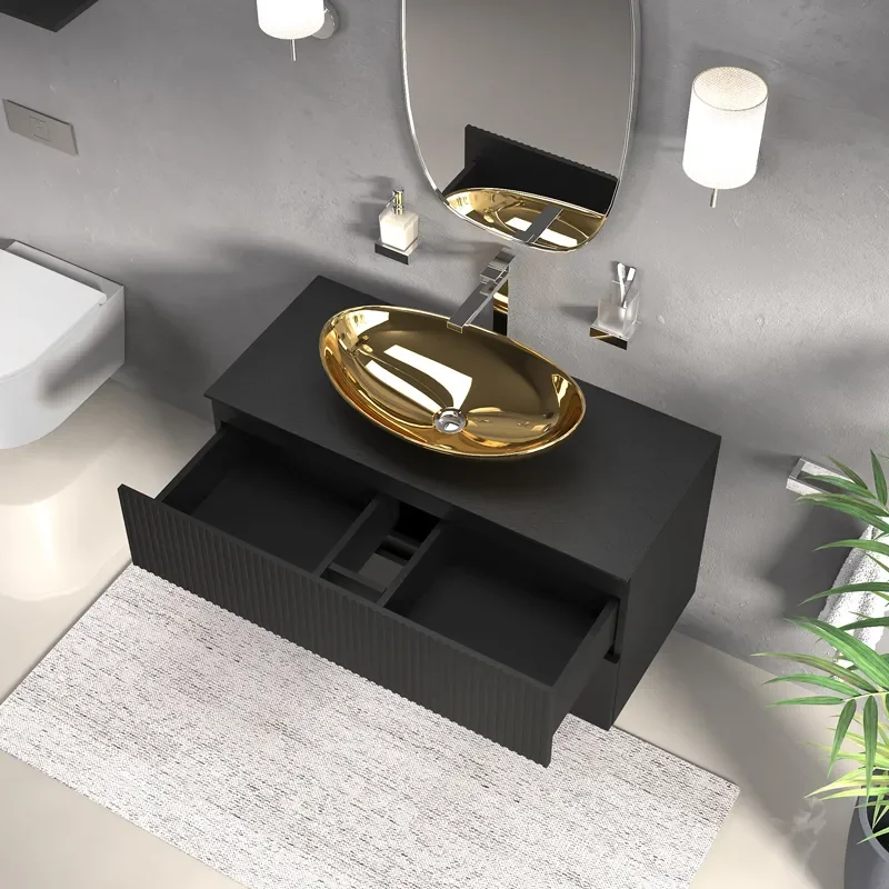 jasmine 1000 black wall vanity unit with gold sink