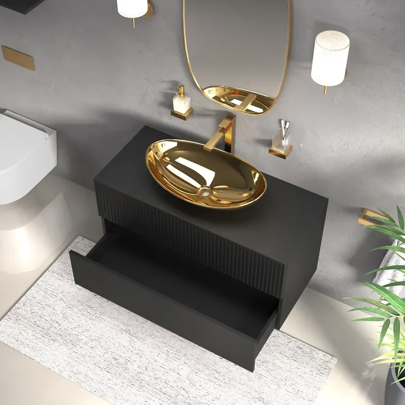 jasmine 1000 black wall vanity unit with gold sink