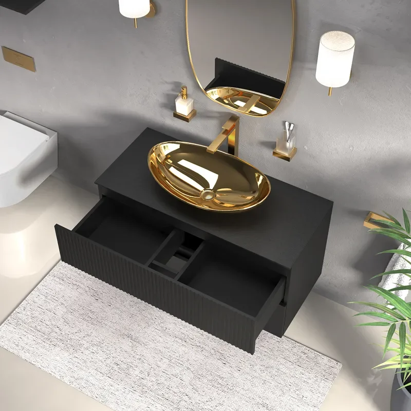 jasmine 1000 black wall vanity unit with gold sink