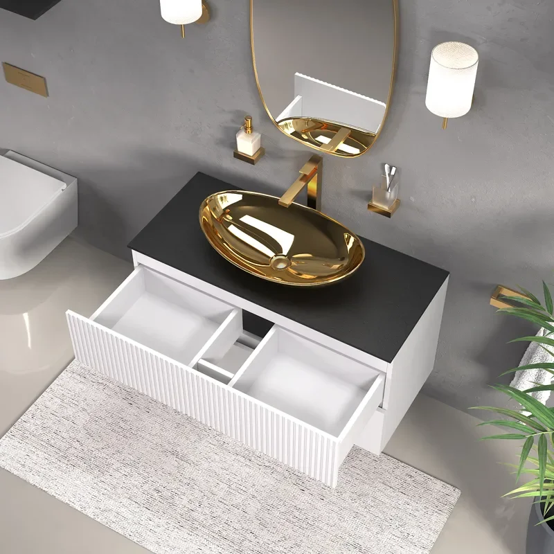 jasmine 1000 white wall vanity unit with gold sink