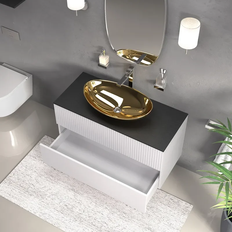 jasmine 1000 white wall vanity unit with gold sink