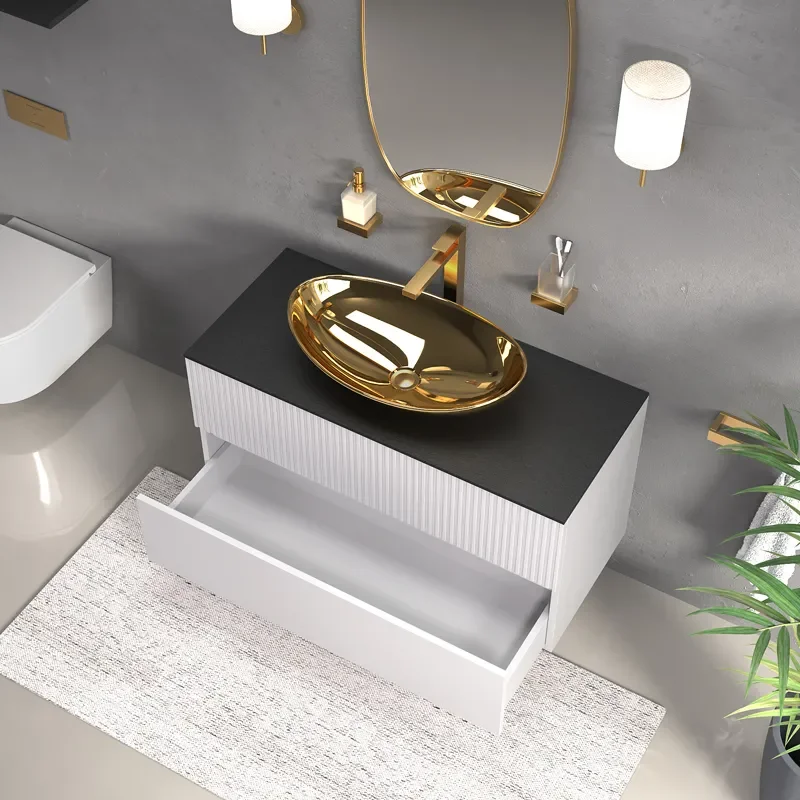 jasmine 1000 white wall vanity unit with gold sink